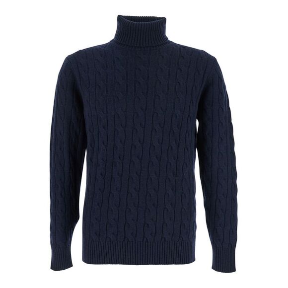 Kangra Men Blue Turtleneck Sweater With Braided Design In Wool Man